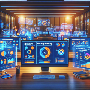 Modern office workspace showing multiple computer monitors displaying retargeting campaign analytics dashboards with colorful graphs, audience segmentation data, and advertising creative variations in a Mediterranean-lit professional setting