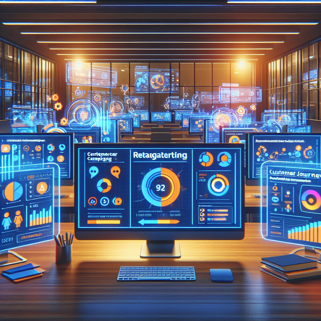 Modern office workspace showing multiple computer monitors displaying retargeting campaign analytics dashboards with colorful graphs, audience segmentation data, and advertising creative variations in a Mediterranean-lit professional setting