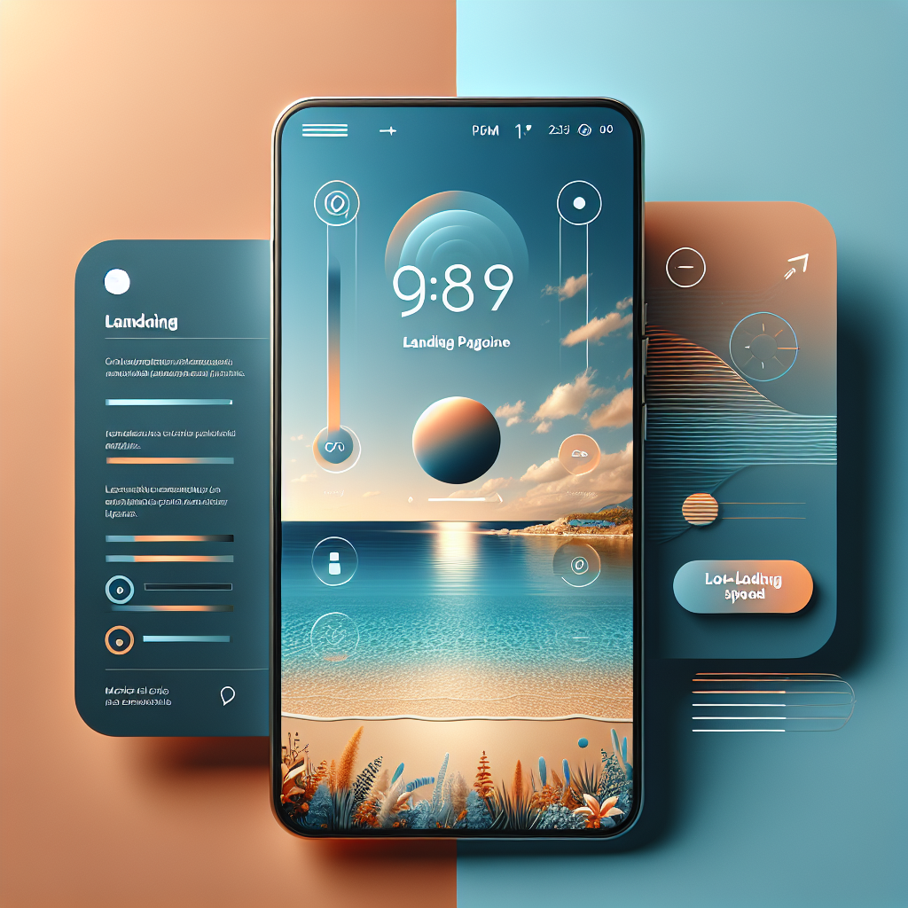 Modern smartphone showing a professionally designed mobile landing page with touch-friendly buttons and fast-loading interface elements in Mediterranean blue and orange colors representing mobile-first optimization for Malaga businesses