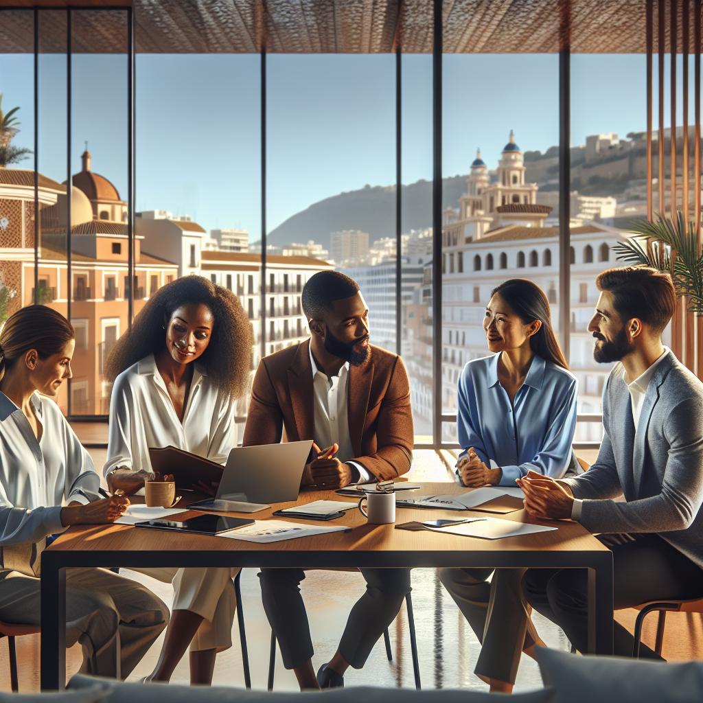 Diverse business professionals collaborating in a modern glass office in Málaga Spain with Mediterranean sunlight and open workspace demonstrating transparency and authentic communication in business practices