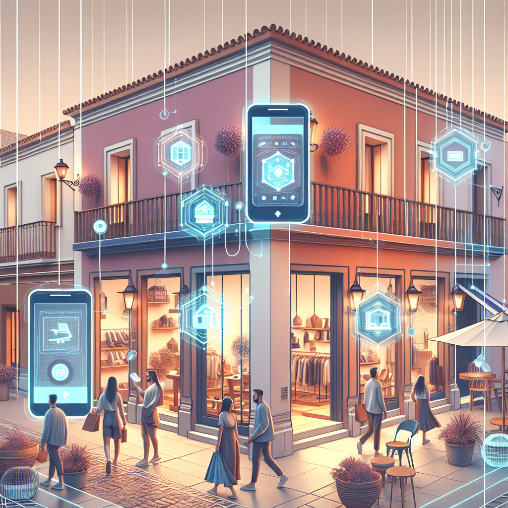 Modern illustration of omnichannel retail integration showing customers using smartphones and shopping in a Mediterranean storefront with holographic digital interfaces connecting online and offline shopping experiences in Malaga Spain